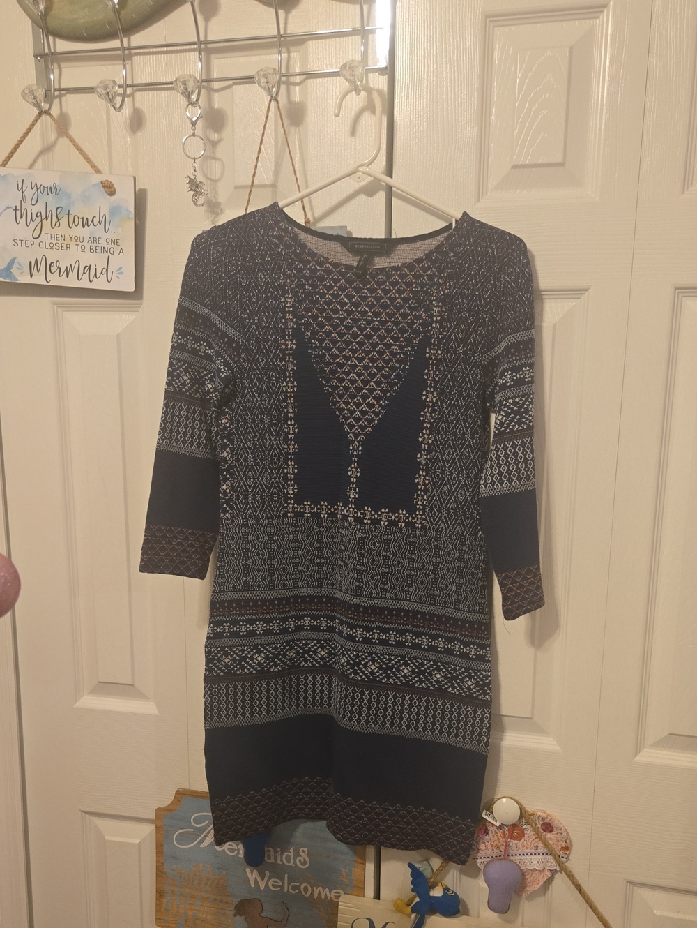 BCBGMaxAzria Navy Patterned Midi Knit Dress